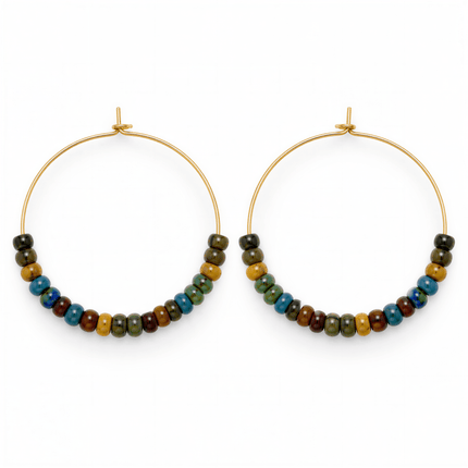 Two gold metal hoop earrings featuring blue, green, and brown round glass beads arranged along the bottom curve.