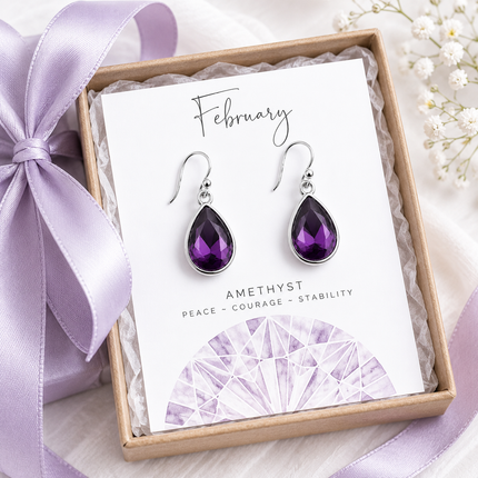 February Birthstone Earrings - Amethyst Crystal Sterling Silver Teardrop Earrings