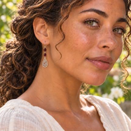 Crimson Scroll – Garnet Filigree Earrings