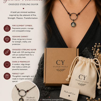 Fire Element Garnet Necklace – Oxidized Sterling Silver