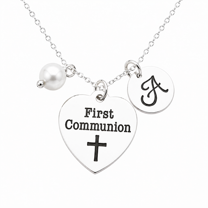 First Communion Necklace – Sterling Silver with Pearl, Initial & Stainless Steel Heart Charm