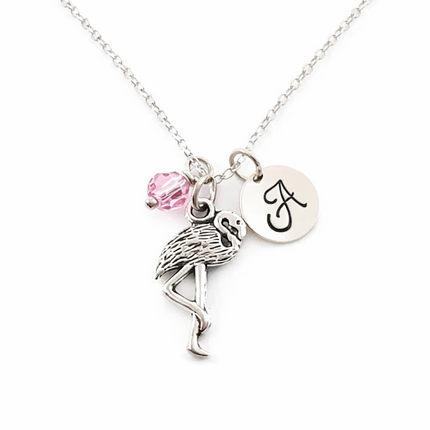 Flamingo Necklace – Sterling Silver with Birthstone & Initial Charm