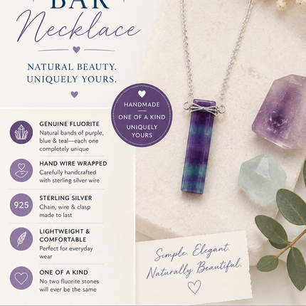 Rectangular purple and teal fluorite bar necklace on a silver chain, displayed with raw crystals and eucalyptus.