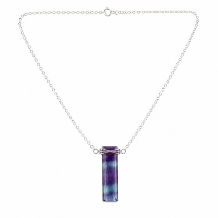 One purple and green fluorite bar necklace on a silver metal chain.