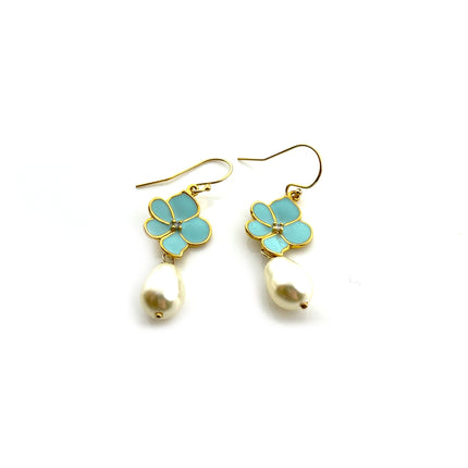 Aqua Flower and Glass Pearl Earrings in 14k Gold Fill