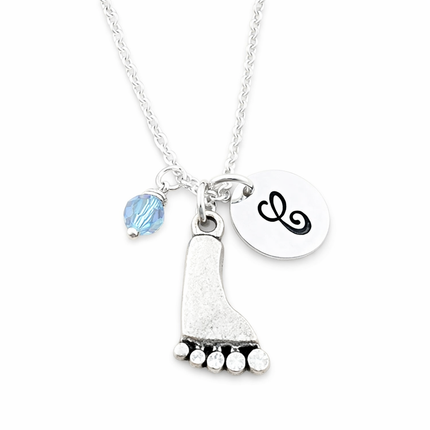 Personalized Sterling Silver Foot Charm Necklace – Custom Birthstone & Initial