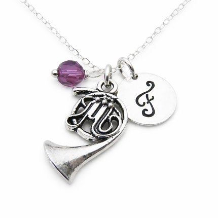 French Horn Necklace – Sterling Silver with Birthstone & Initial Charm