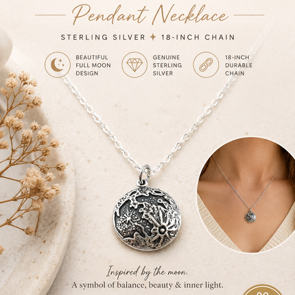 Full Moon Pendant Necklace – Sterling Silver, 18-Inch Chain
