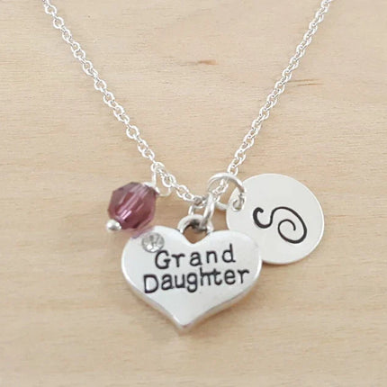 Granddaughter Necklace – Sterling Silver Heart Charm with Birthstone & Initial