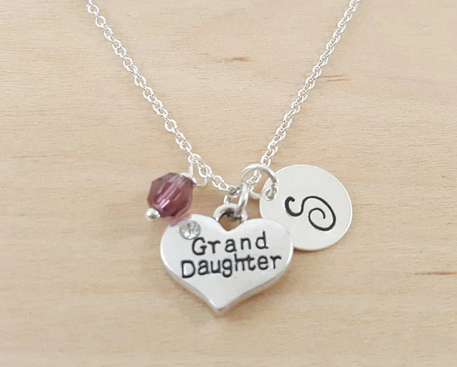 Granddaughter Necklace – Sterling Silver Heart Charm with Birthstone & Initial