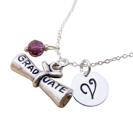 Personalized Sterling Silver Graduation Diploma Necklace – Initial & Birthstone