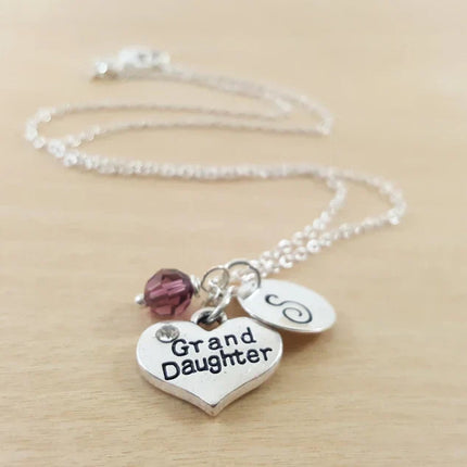 Granddaughter Necklace – Sterling Silver Heart Charm with Birthstone & Initial