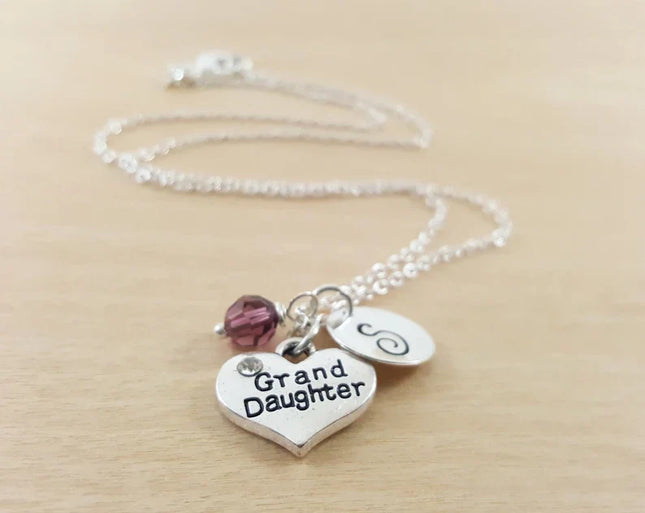Granddaughter Necklace – Sterling Silver Heart Charm with Birthstone & Initial
