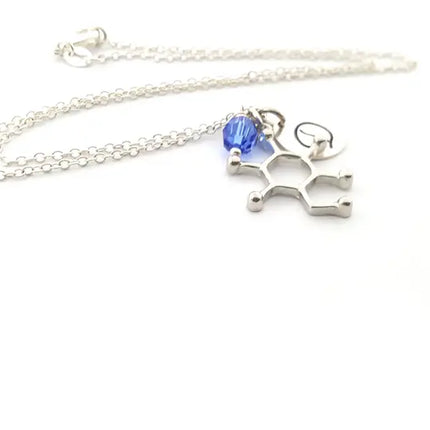 Personalized Glucose Molecule Necklace – Sterling Silver Science Charm with Birthstone & Initial