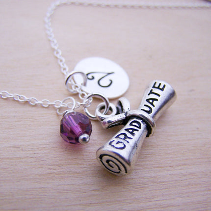 Personalized Sterling Silver Graduation Diploma Necklace – Initial & Birthstone