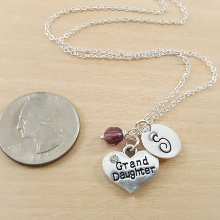 Granddaughter Necklace – Sterling Silver Heart Charm with Birthstone & Initial
