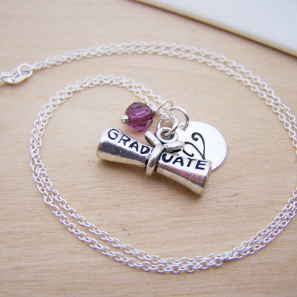 Personalized Sterling Silver Graduation Diploma Necklace – Initial & Birthstone