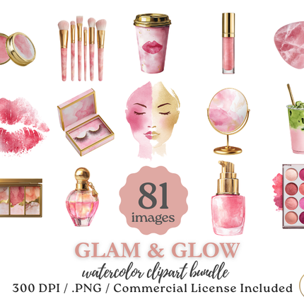 Glam & Glow Watercolor Clip Art Bundle – Pink & Gold MUA Icons (81 PNGs, Commercial License)