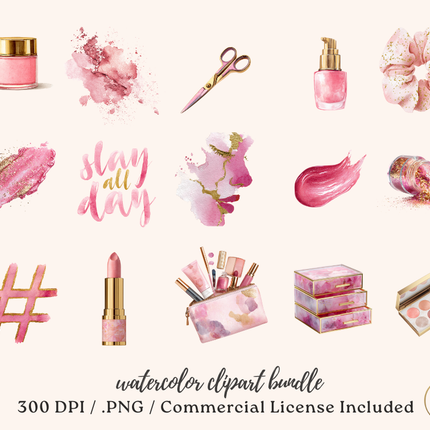 Glam & Glow Watercolor Clip Art Bundle – Pink & Gold MUA Icons (81 PNGs, Commercial License)