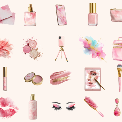 Glam & Glow Watercolor Clip Art Bundle – Pink & Gold MUA Icons (81 PNGs, Commercial License)
