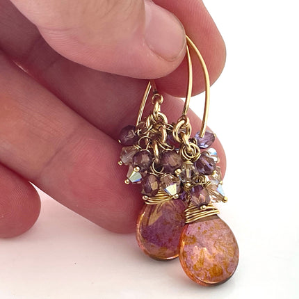 Czech Glass and Swarovski Crystal Cluster Wire Wrapped Earrings