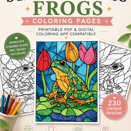 230 Stained Glass Frogs Coloring Pages – Printable PDF & Digital Coloring App Compatible