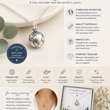 Sterling Silver Globe Necklace – Dainty Earth Charm Necklace – Travel Inspired Jewelry