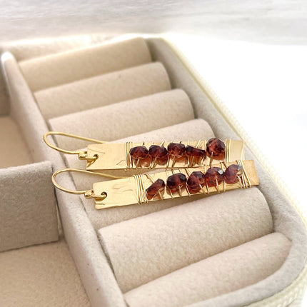 Gold-Filled Hammered Bar Earrings with Garnet (1.5") – One of a Kind