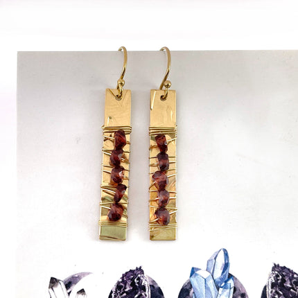 Gold-Filled Hammered Bar Earrings with Garnet (1.5") – One of a Kind