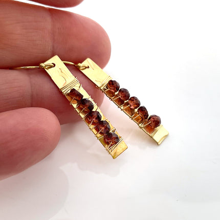 Gold-Filled Hammered Bar Earrings with Garnet (1.5") – One of a Kind