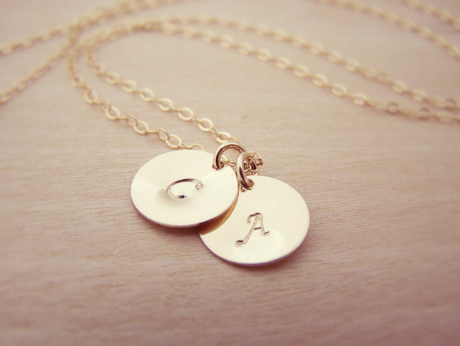 Gold Filled Two-Initial Disc Necklace – Personalized Hand-Stamped Monogram Gift