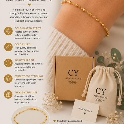 Gold Plated Pyrite Beaded Bracelet – Gold Filled, Adjustable 7–8"