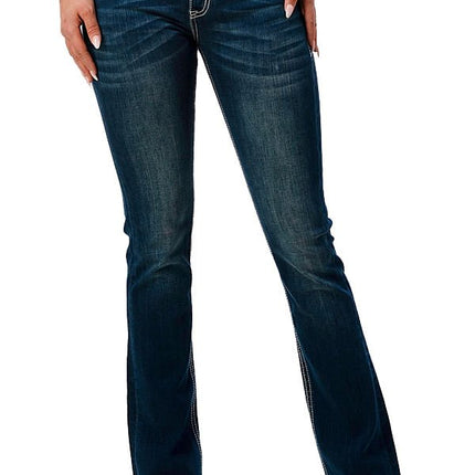 Grace in LA Women's Western Floral Steer Head Embellished Mid Rise Bootcut Jeans