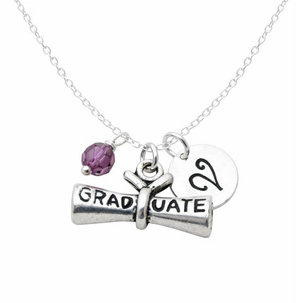 Graduation Diploma Necklace – Sterling Silver with Birthstone & Initial Charm