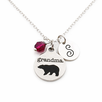 Grandma Bear Necklace – Sterling Silver with Birthstone & Initial Charm