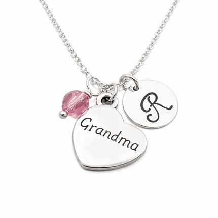 Grandma Necklace – Sterling Silver with Birthstone & Initial Charm
