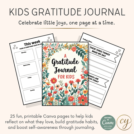 Kids Gratitude Journal – 25-Page Canva Template with Prompts & Reviews