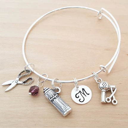 Personalized Hair Stylist Charm Bracelet – Adjustable Bangle with Birthstone & Initial