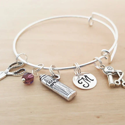 Personalized Hair Stylist Charm Bracelet – Adjustable Bangle with Birthstone & Initial
