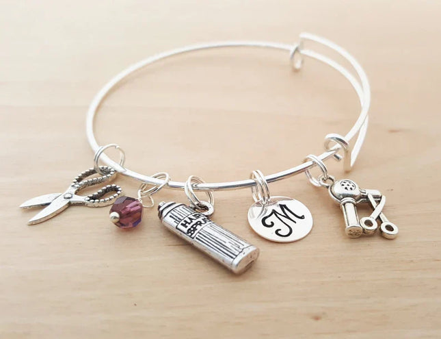 Personalized Hair Stylist Charm Bracelet – Adjustable Bangle with Birthstone & Initial