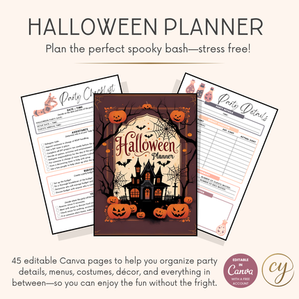 Halloween Party Planner – 45-Page Canva Template for Events, Menus, Decor & More