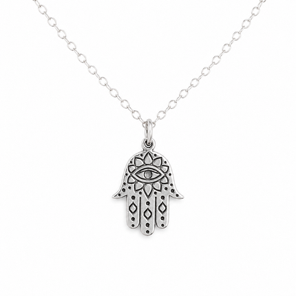 Sterling Silver Hamsa Necklace – Dainty Evil Eye Protection Charm