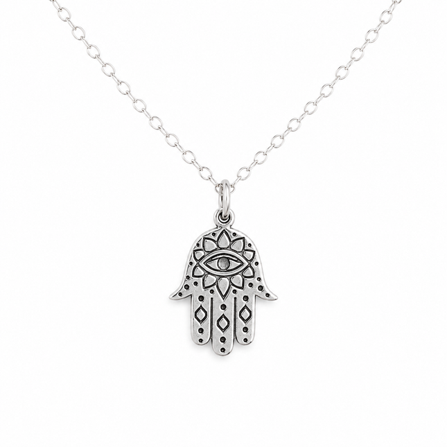 Sterling Silver Hamsa Necklace – Dainty Evil Eye Protection Charm