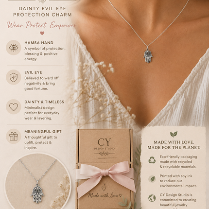 Sterling Silver Hamsa Necklace – Dainty Evil Eye Protection Charm