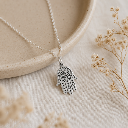 Sterling Silver Hamsa Necklace – Dainty Evil Eye Protection Charm