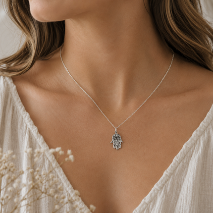 Sterling Silver Hamsa Necklace – Dainty Evil Eye Protection Charm