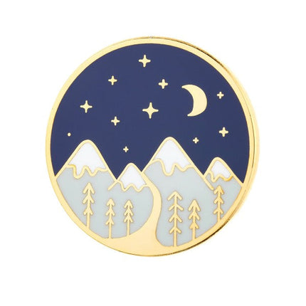 Snowy Mountain Landscape Enamel Pin with Moon – Night Sky Nature Pin