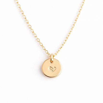 Tiny Heart Necklace – Hand Stamped 9mm Disc, 14k Gold Filled on 18" Chain