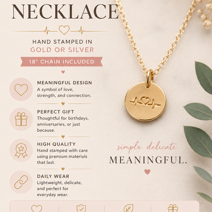 Heartbeat Necklace – Hand Stamped in Gold or Silver, 18" Chain