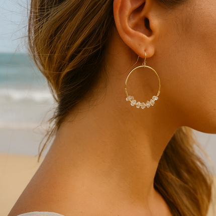 Hammered Gold Hoop Earrings with Wire-Wrapped Herkimer Diamonds – Handmade